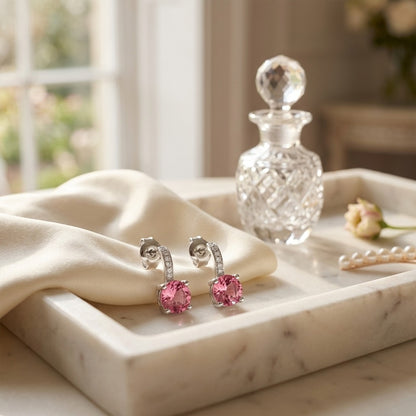 Pink Tourmaline And Diamond Drop Earrings In 14k White Gold — marble silk