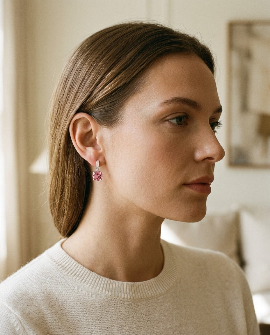 Pink Tourmaline And Diamond Drop Earrings In 14k White Gold — portrait close