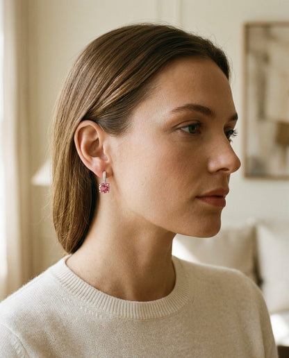 Pink Tourmaline And Diamond Drop Earrings In 14k White Gold — portrait close