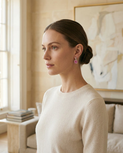 Pink Tourmaline And Diamond Drop Earrings In 14k White Gold — portrait full