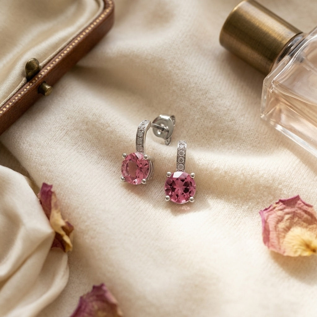 Pink Tourmaline And Diamond Drop Earrings In 14k White Gold — textile flat lay