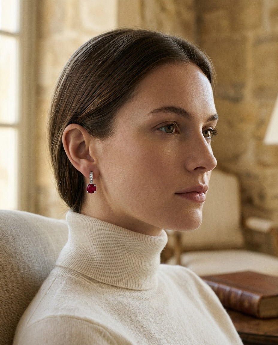 Ruby And Diamond Earrings In 14k White Gold — portrait close