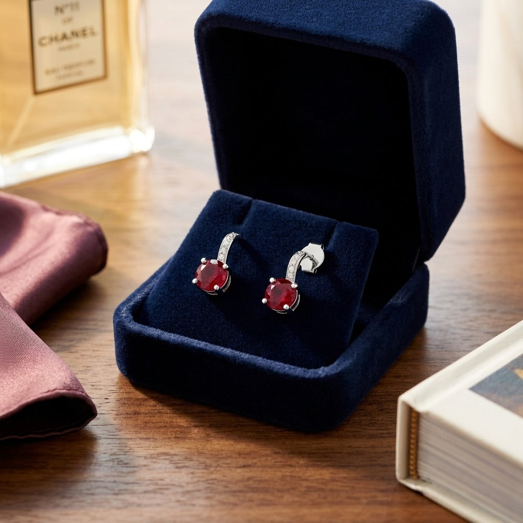 Ruby And Diamond Earrings In 14k White Gold — velvet box