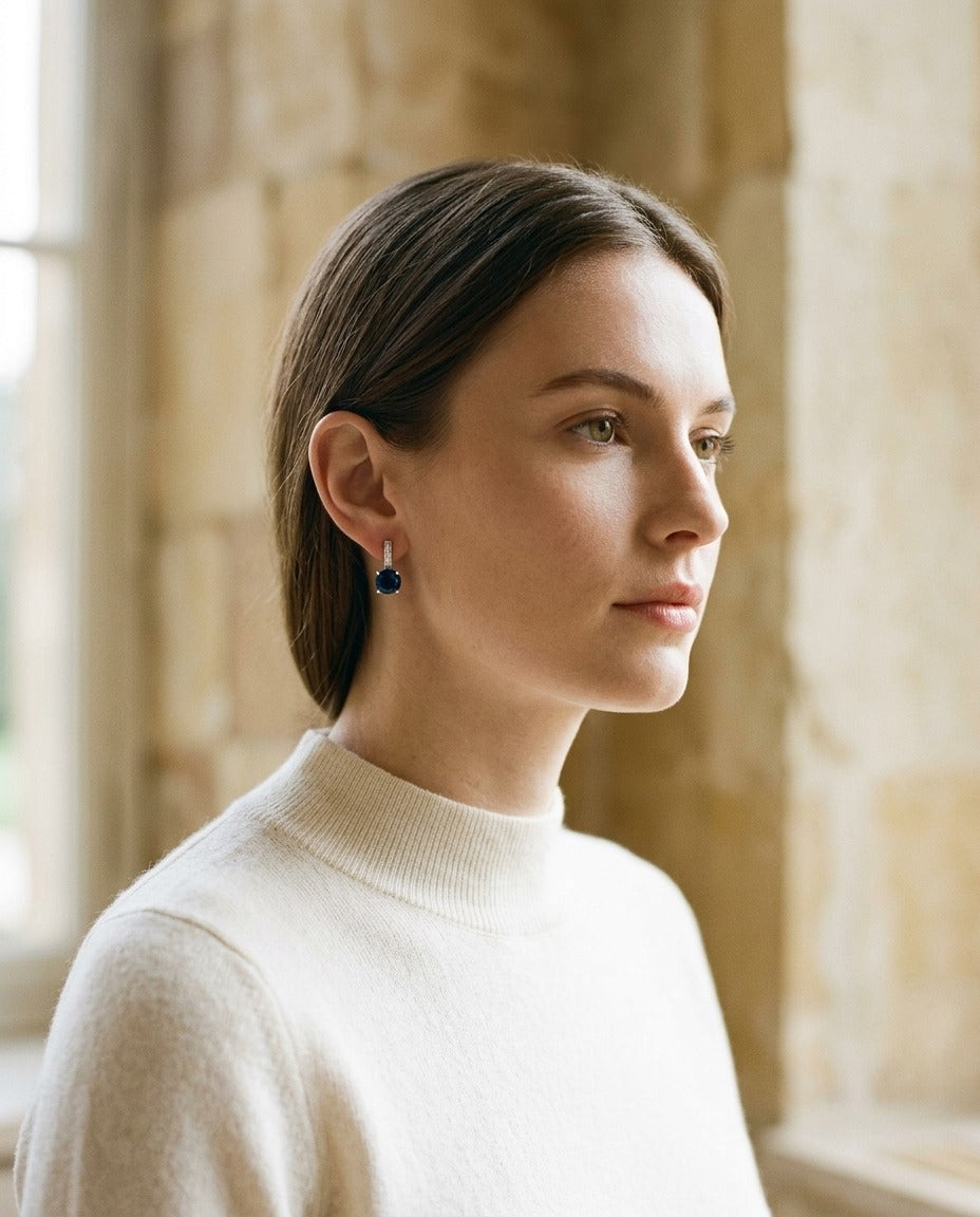Sapphire And Diamond Earrings In 14k White Gold — portrait close