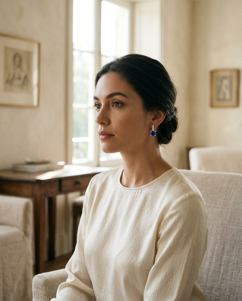 Sapphire And Diamond Earrings In 14k White Gold — portrait full