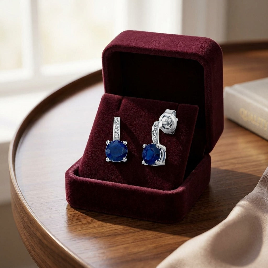Sapphire And Diamond Earrings In 14k White Gold — velvet box