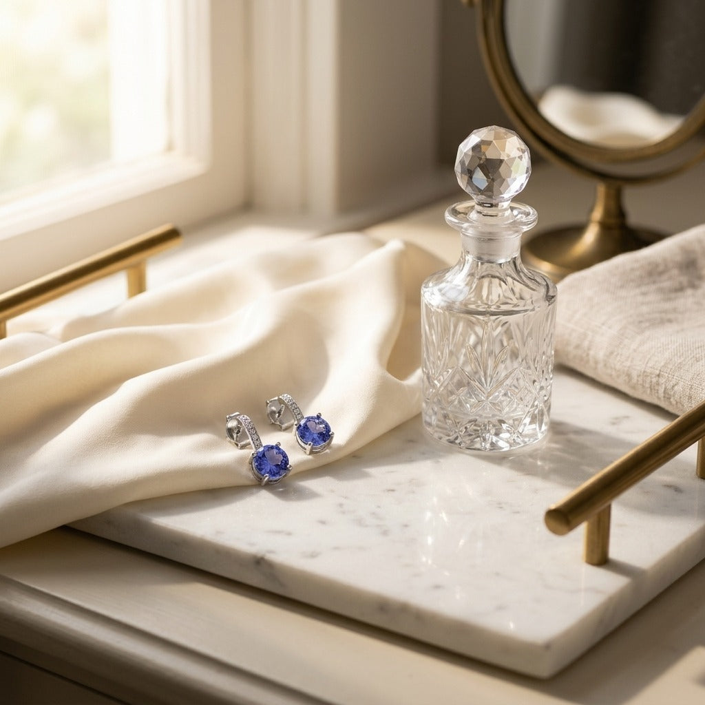 Tanzanite and Diamond Earrings in 14k White Gold — marble silk