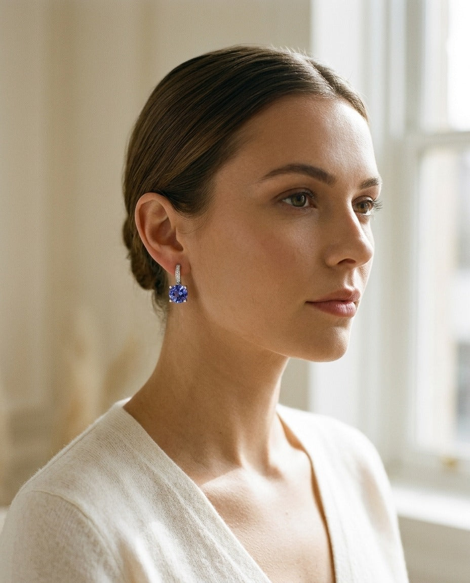 Tanzanite and Diamond Earrings in 14k White Gold — portrait close