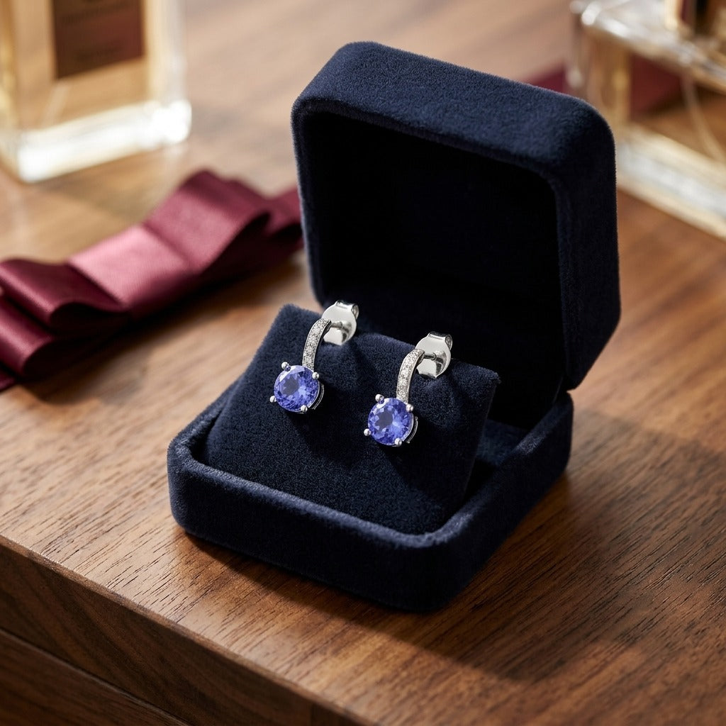 Tanzanite and Diamond Earrings in 14k White Gold — velvet box