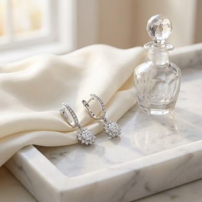 Diamond Sunburst Drop Earrings in 14k White Gold (Cz Centers) — marble silk