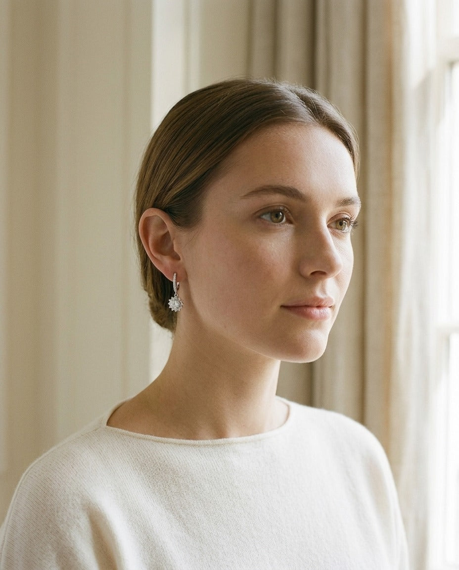 Diamond Sunburst Drop Earrings in 14k White Gold (Cz Centers) — portrait close