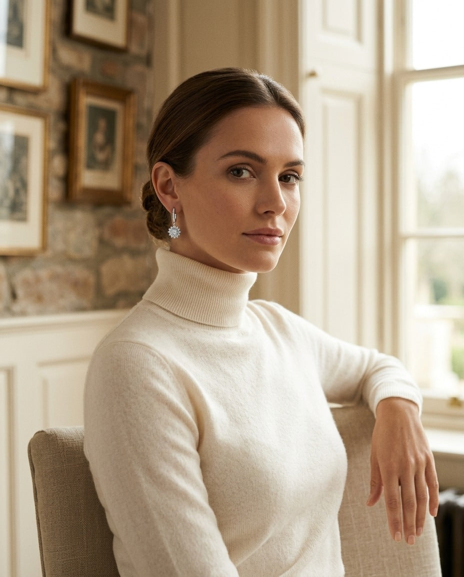 Diamond Sunburst Drop Earrings in 14k White Gold (Cz Centers) — portrait full