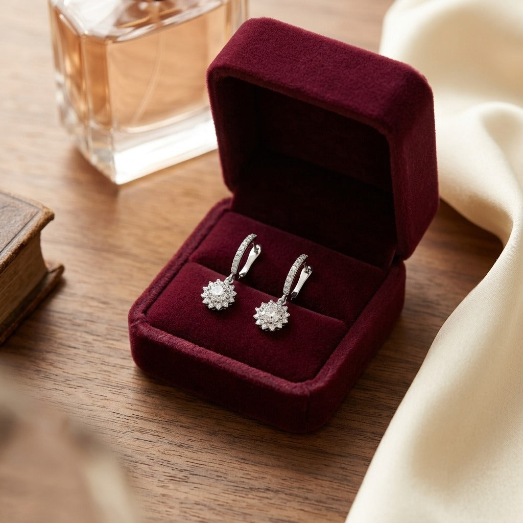 Diamond Sunburst Drop Earrings in 14k White Gold (Cz Centers) — velvet box