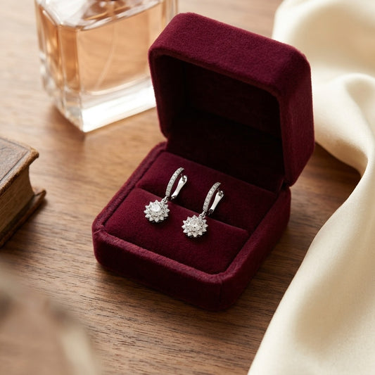 Diamond Sunburst Drop Earrings in 14k White Gold (Cz Centers) — velvet box