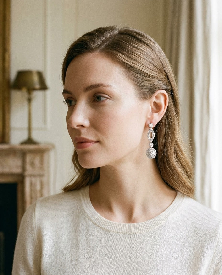 Diamond Marquise Link Earrings In 14k White Gold — portrait close