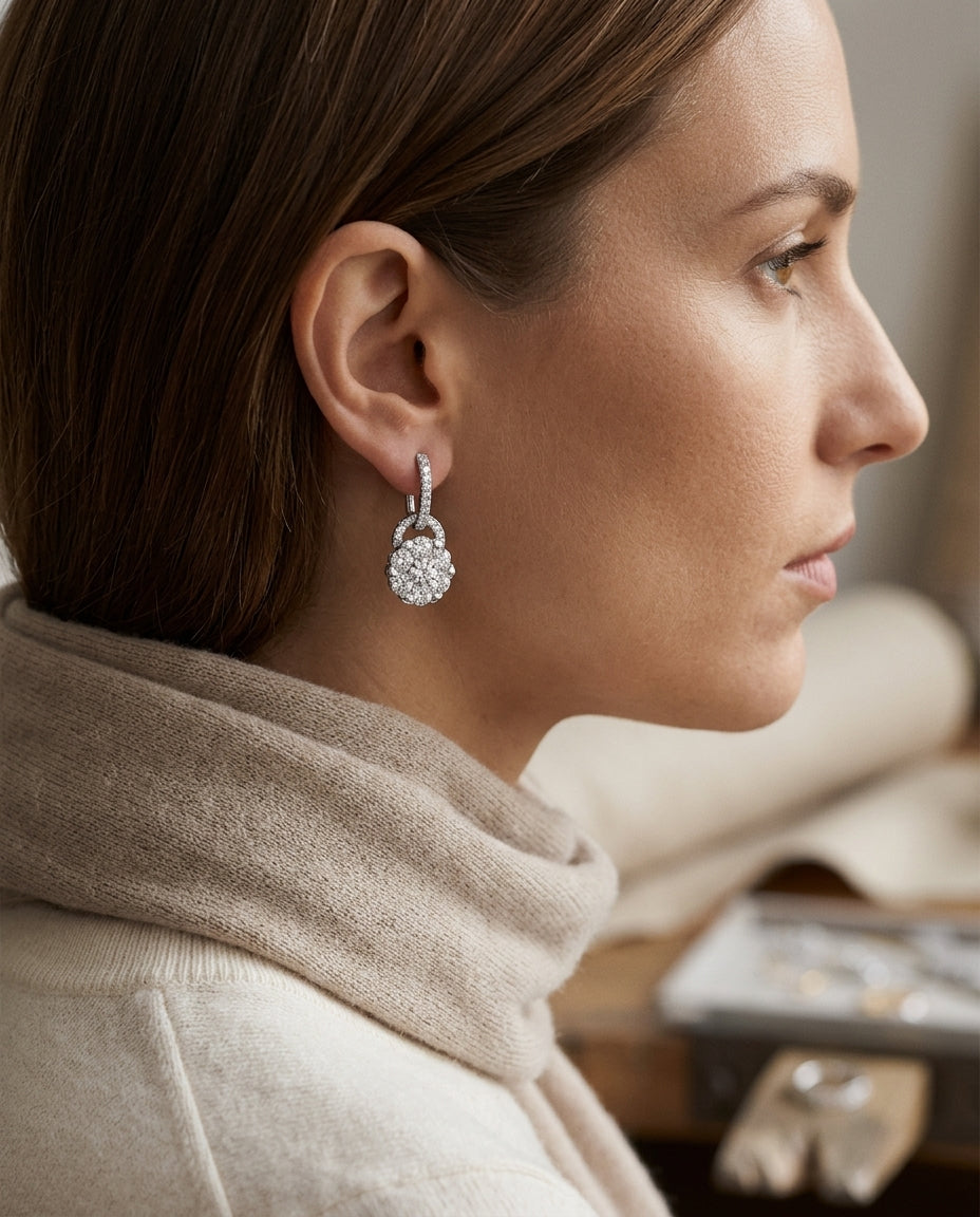 Diamond Drop Earring With Arched Hinge In 14k White Gold — editorial close-up