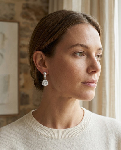 Diamond Beaded Top Earrings in 14k White Gold — portrait close
