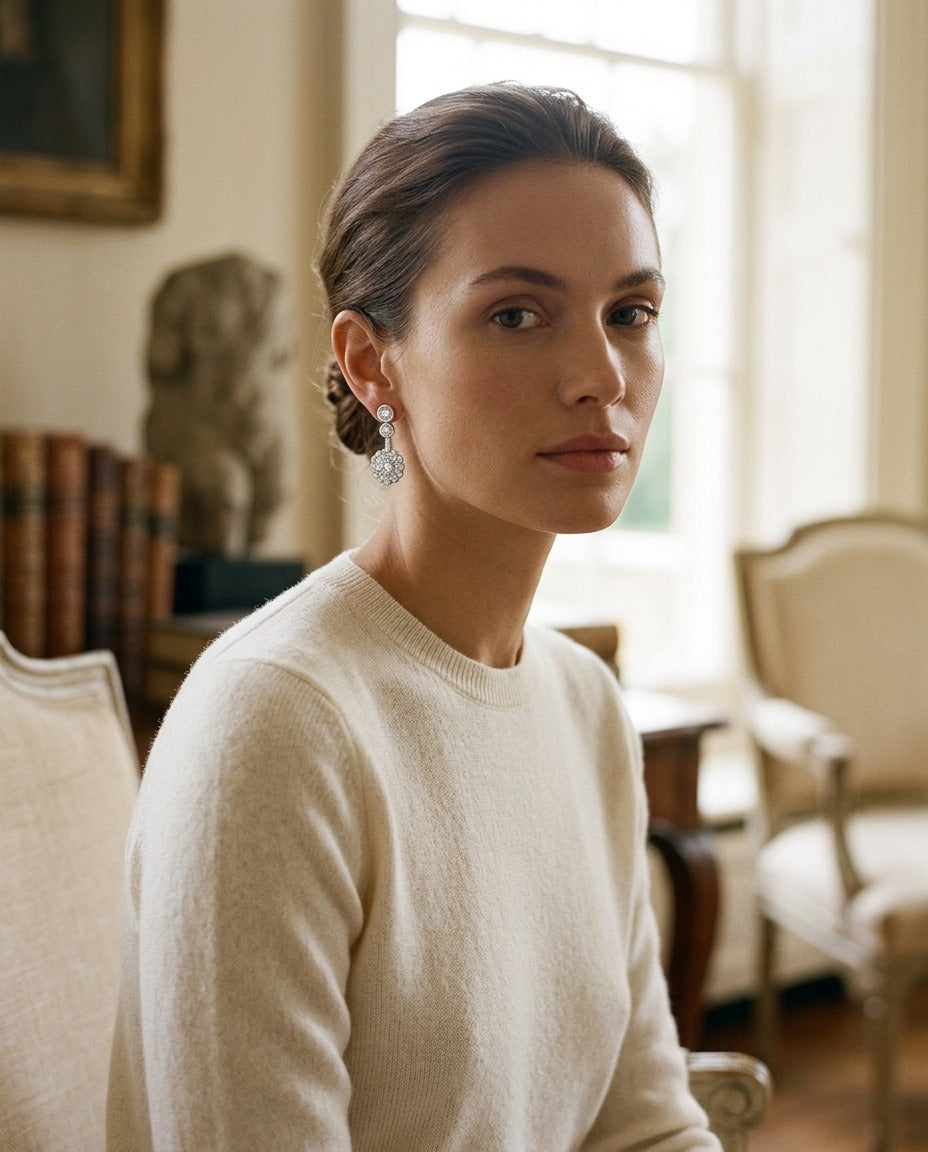 Diamond Beaded Top Earrings in 14k White Gold — portrait full