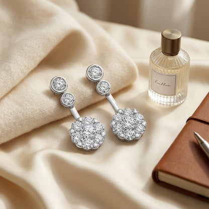 Diamond Beaded Top Earrings in 14k White Gold — textile flat lay