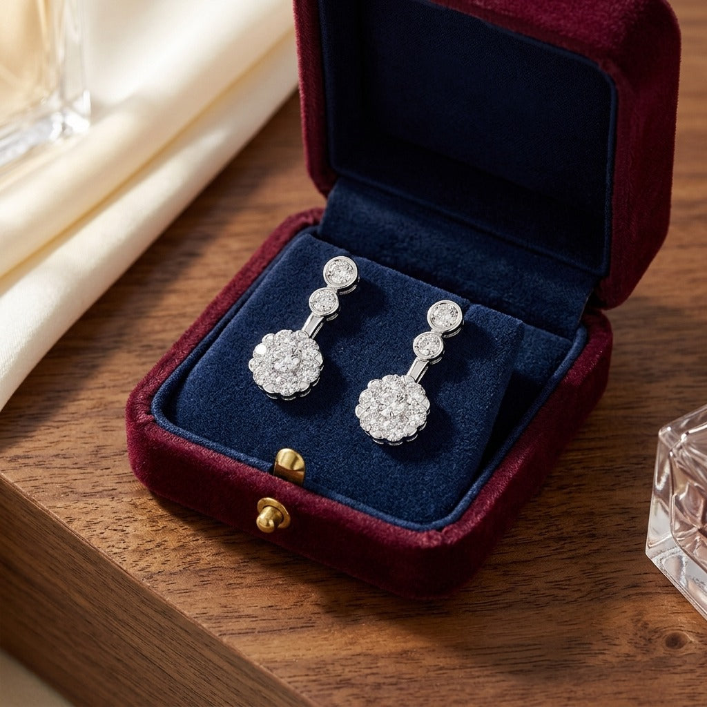 Diamond Beaded Top Earrings in 14k White Gold — velvet box