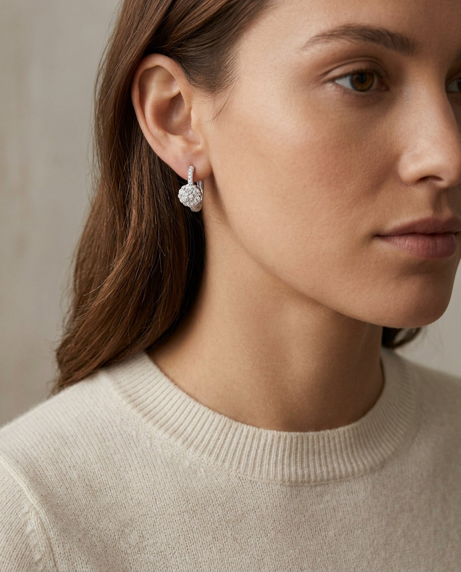 Diamond Cluster Huggie Earring In 14k White Gold — editorial close-up
