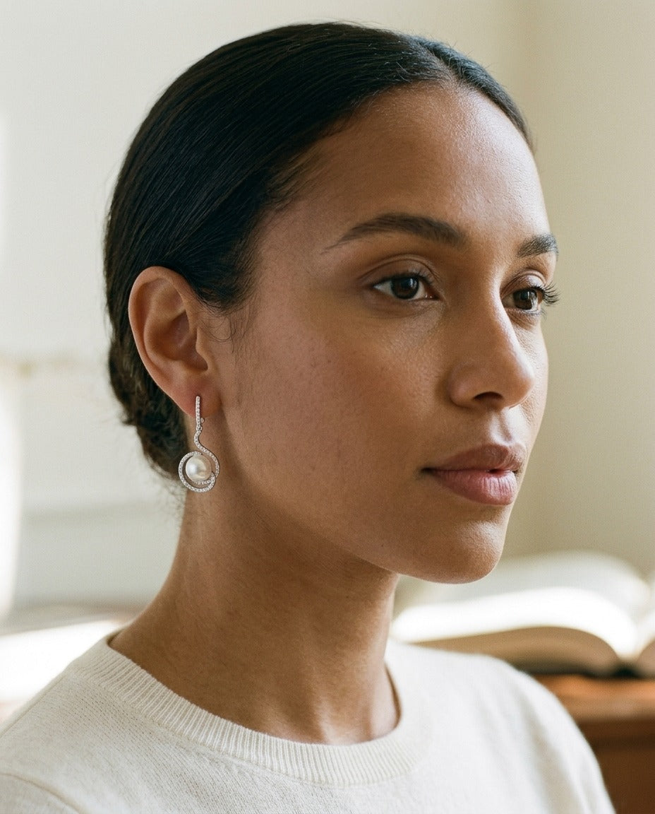 White Gold Freshwater Pearl Earrings in 14k White Gold 7.0mm — portrait close