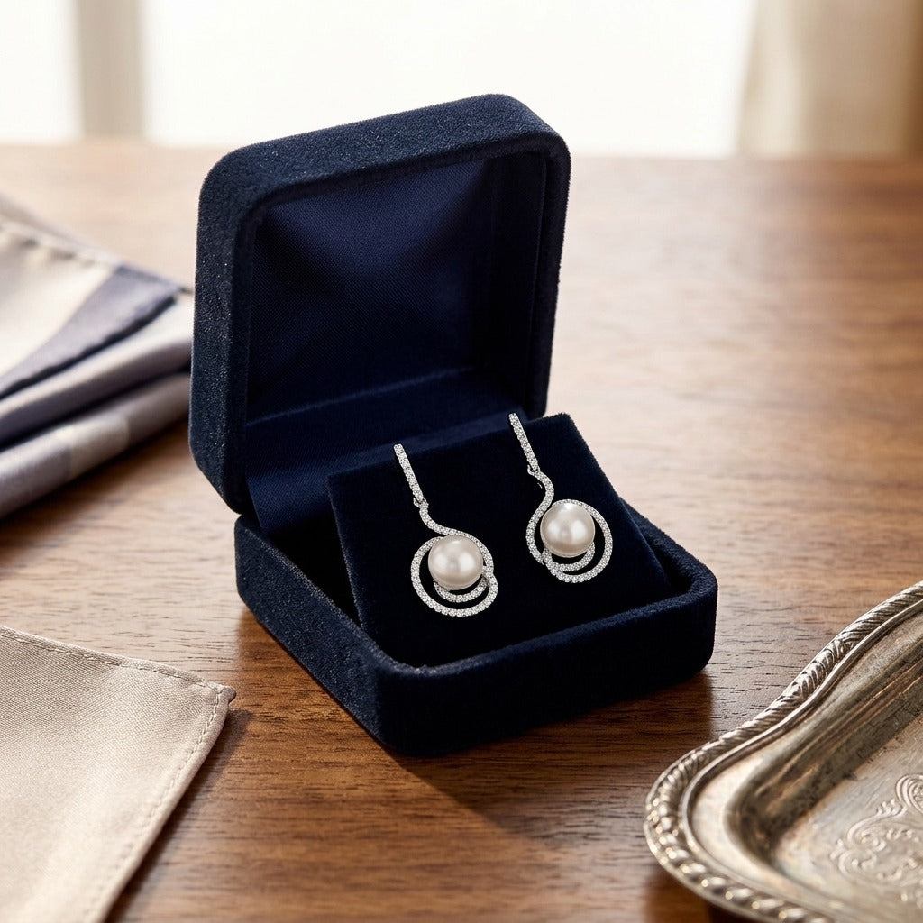 White Gold Freshwater Pearl Earrings in 14k White Gold 7.0mm — velvet box