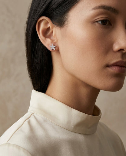 Diamond 5-petal Stud Earrings In 14k White Gold — editorial close-up