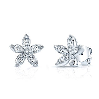 Diamond 5-petal Stud Earrings In 14k White Gold