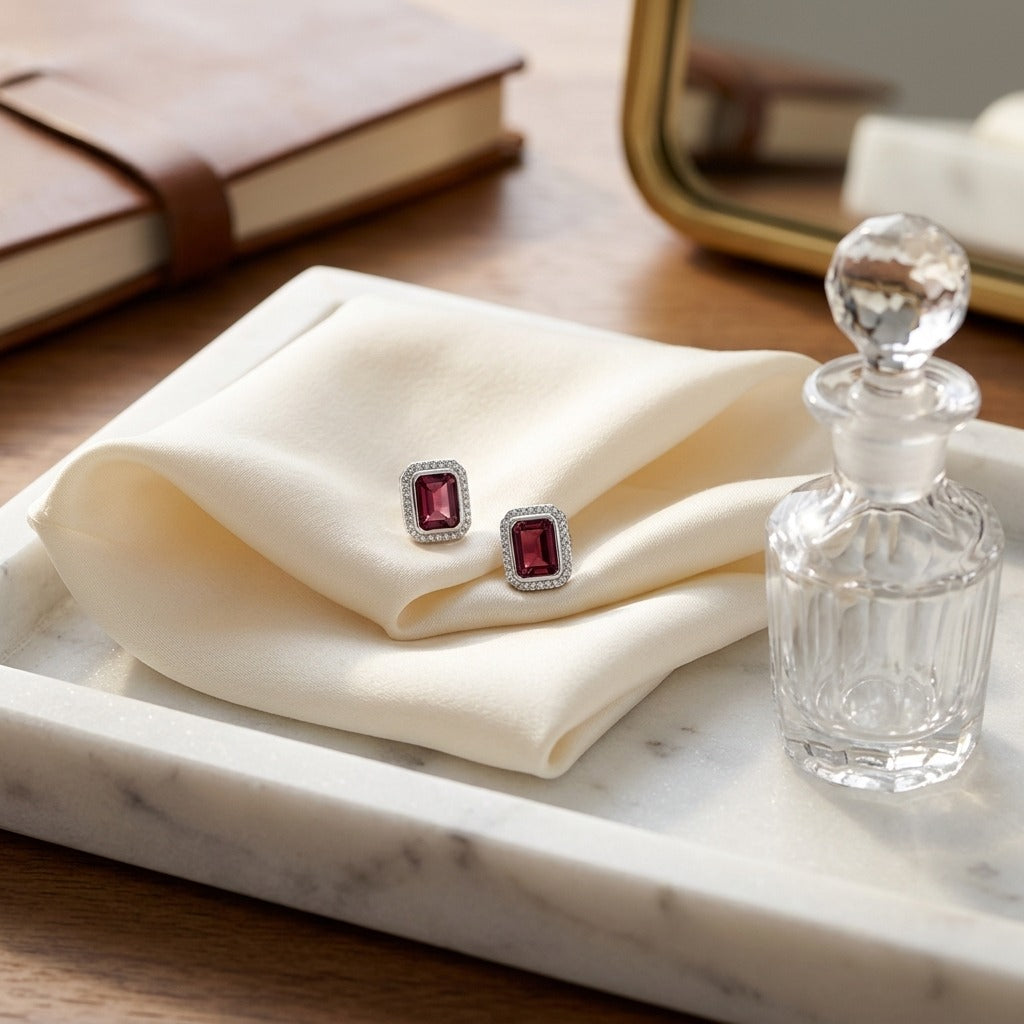 Pink Tourmaline and Diamond Rectangular Earrings in 14k White Gold — marble silk