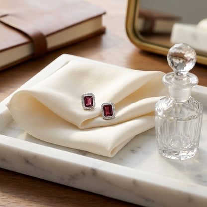 Pink Tourmaline and Diamond Rectangular Earrings in 14k White Gold — marble silk