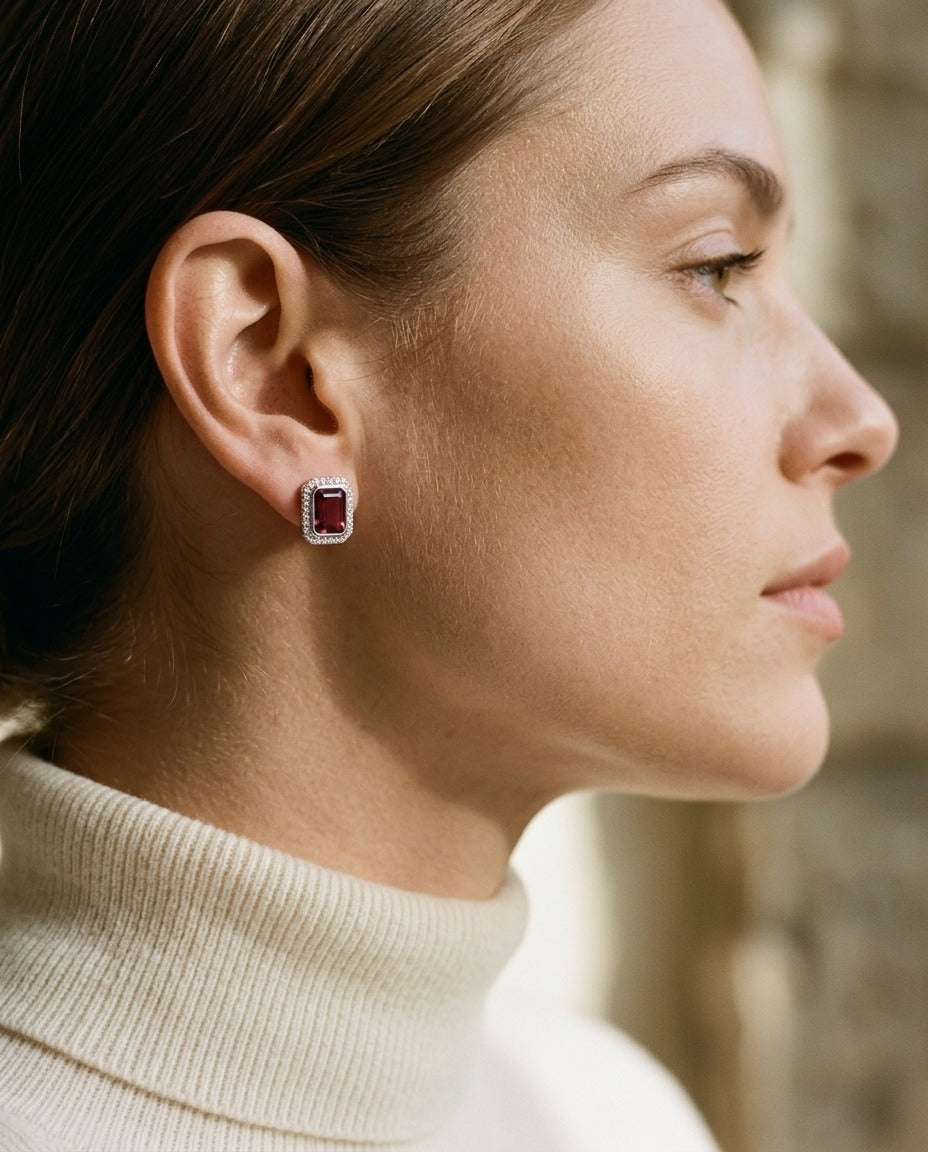 Pink Tourmaline and Diamond Rectangular Earrings in 14k White Gold — portrait close