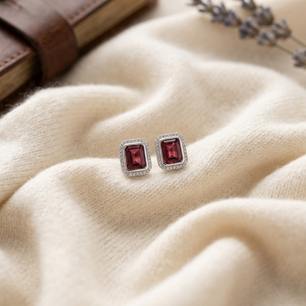 Pink Tourmaline and Diamond Rectangular Earrings in 14k White Gold — textile flat lay