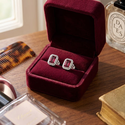 Pink Tourmaline and Diamond Rectangular Earrings in 14k White Gold — velvet box