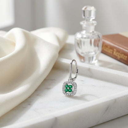 Created Emerald And Diamond Dangle Clover Leverback Earrings In 14k White Gold — atelier still life