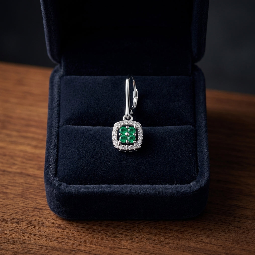 Created Emerald And Diamond Dangle Clover Leverback Earrings In 14k White Gold — gift presentation