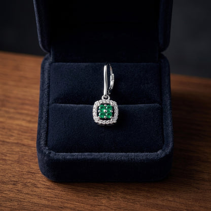 Created Emerald And Diamond Dangle Clover Leverback Earrings In 14k White Gold — gift presentation