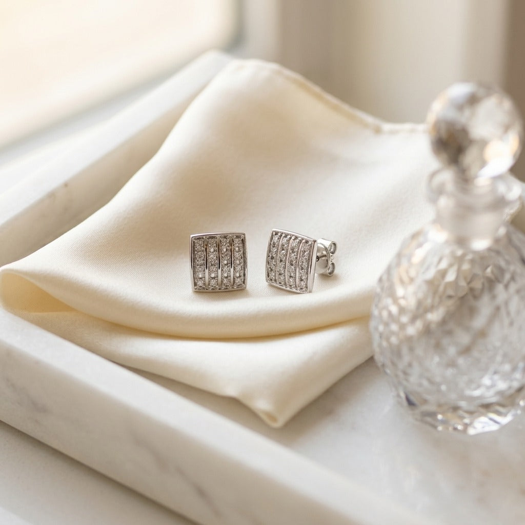 Diamond Square Button Earrings In 14k White Gold — marble silk
