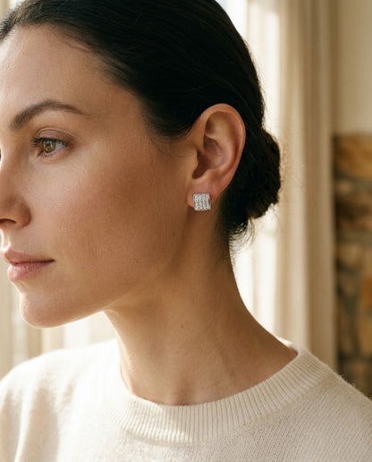 Diamond Square Button Earrings In 14k White Gold — portrait close