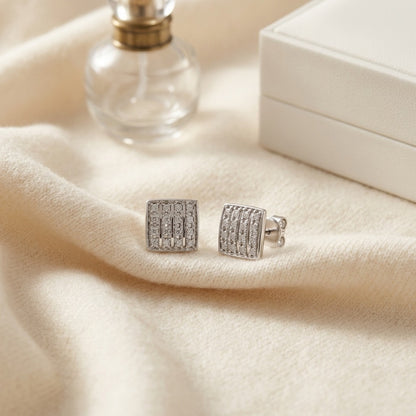 Diamond Square Button Earrings In 14k White Gold — textile flat lay