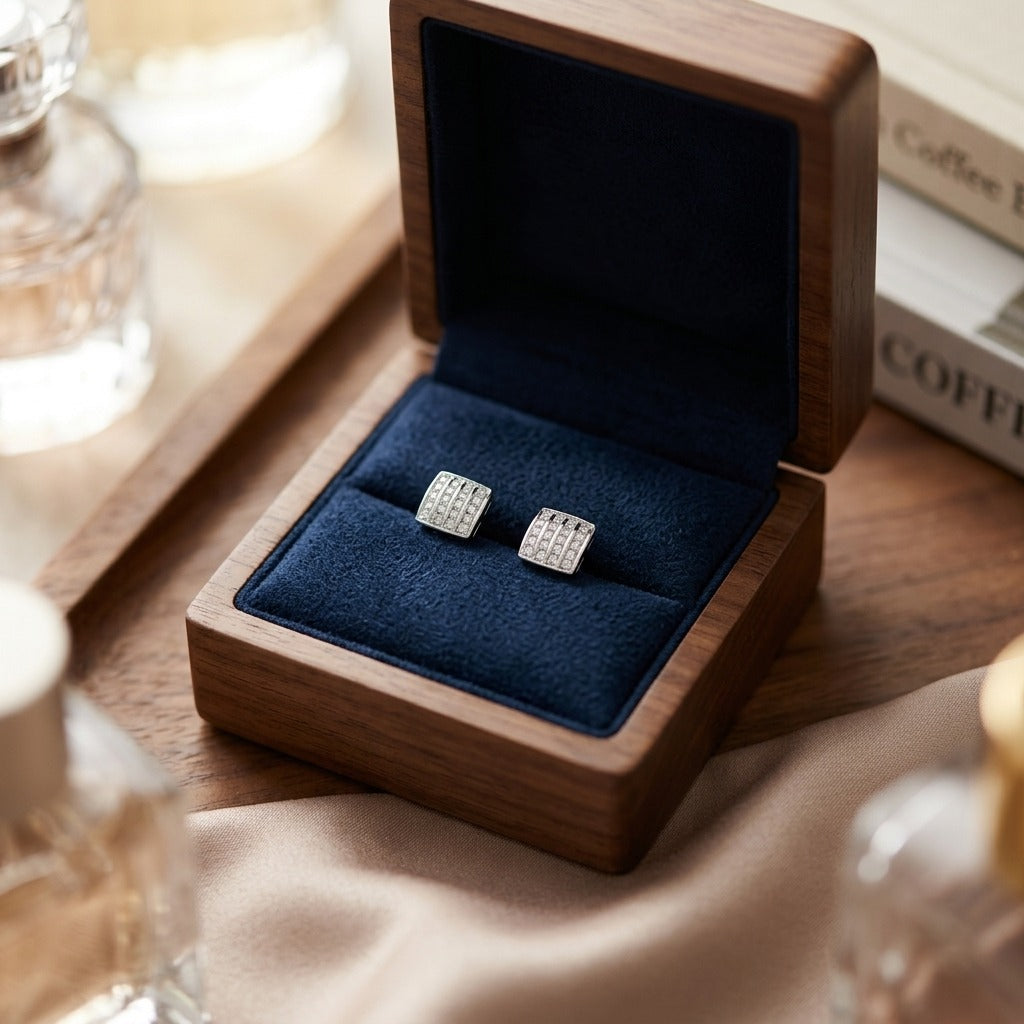 Diamond Square Button Earrings In 14k White Gold — velvet box
