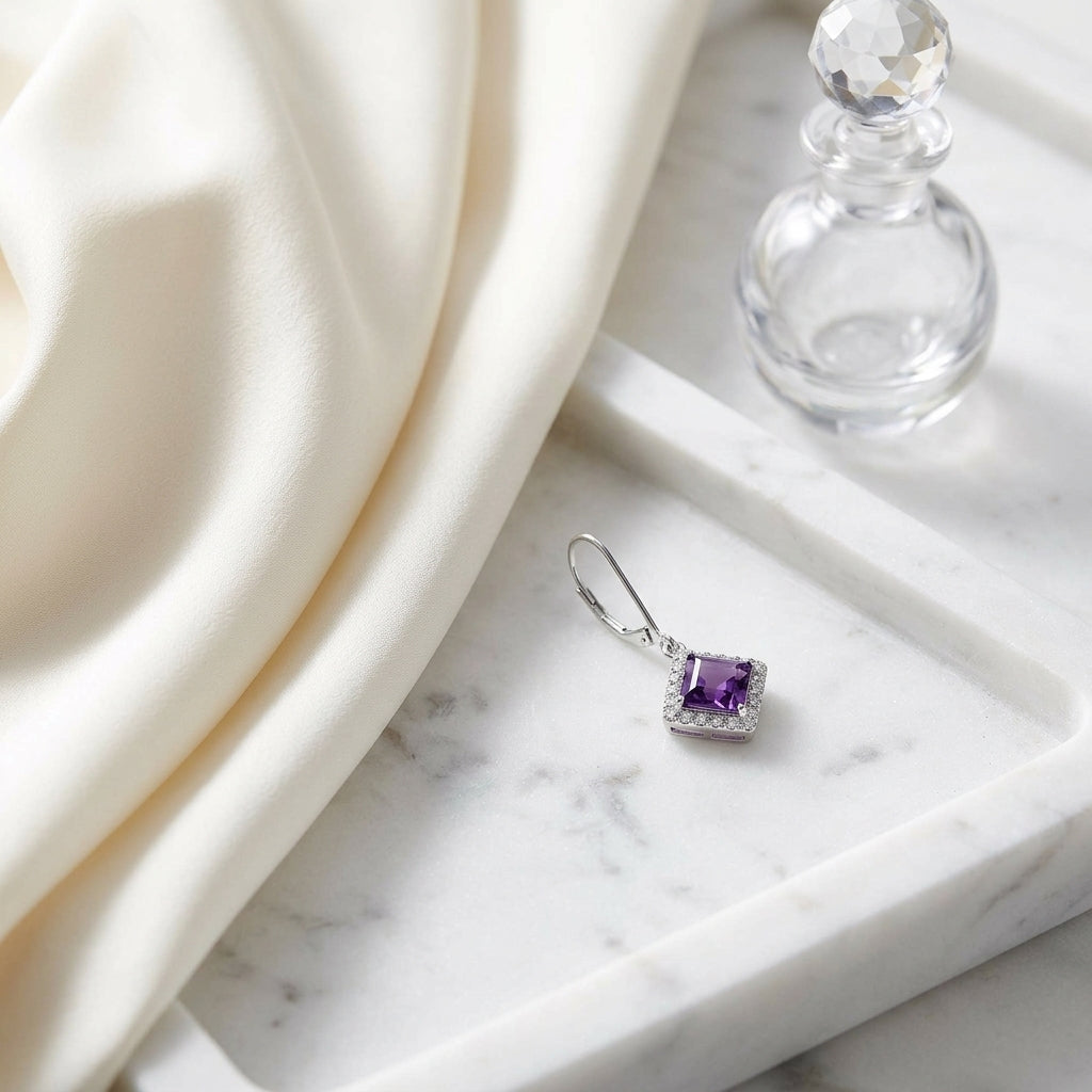 Amethyst Square And Diamond Earrings In 14k White Gold (6x6mm) — atelier still life