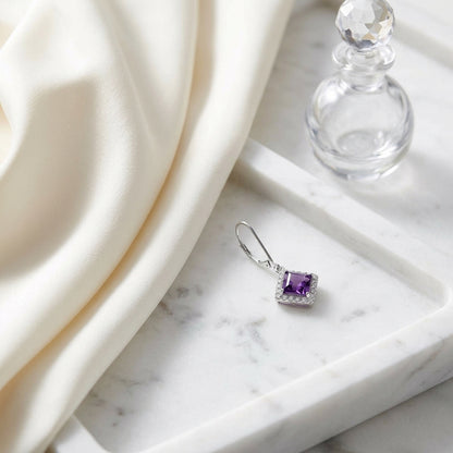 Amethyst Square And Diamond Earrings In 14k White Gold (6x6mm) — atelier still life