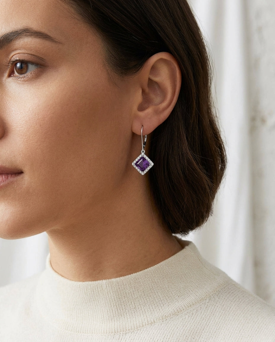 Amethyst Square And Diamond Earrings In 14k White Gold (6x6mm) — editorial close-up