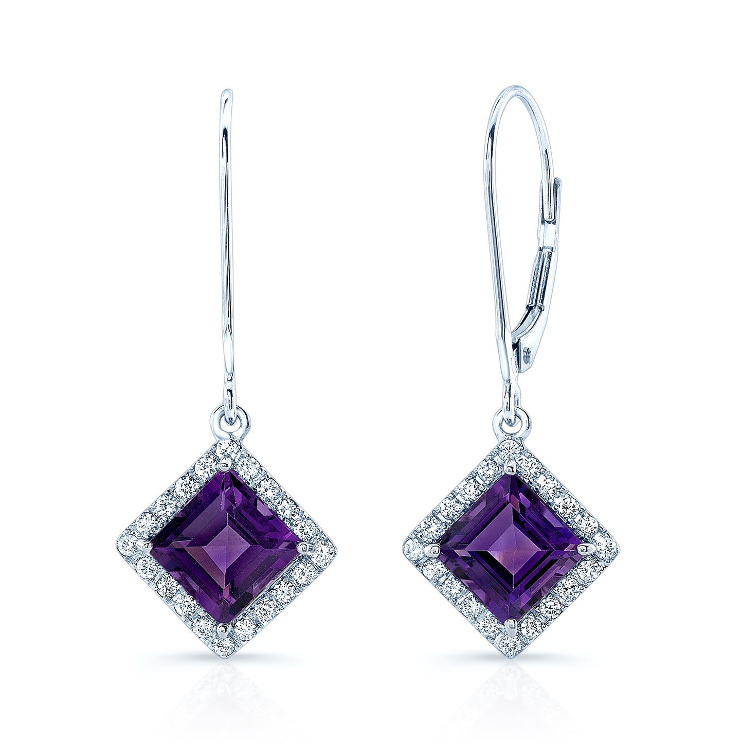 Amethyst Square And Diamond Earrings In 14k White Gold (6x6mm)