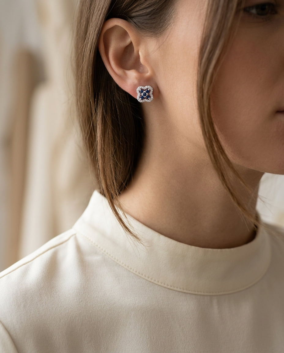 Sapphire & Diamond Clover Earrings in 14K White Gold - lifestyle