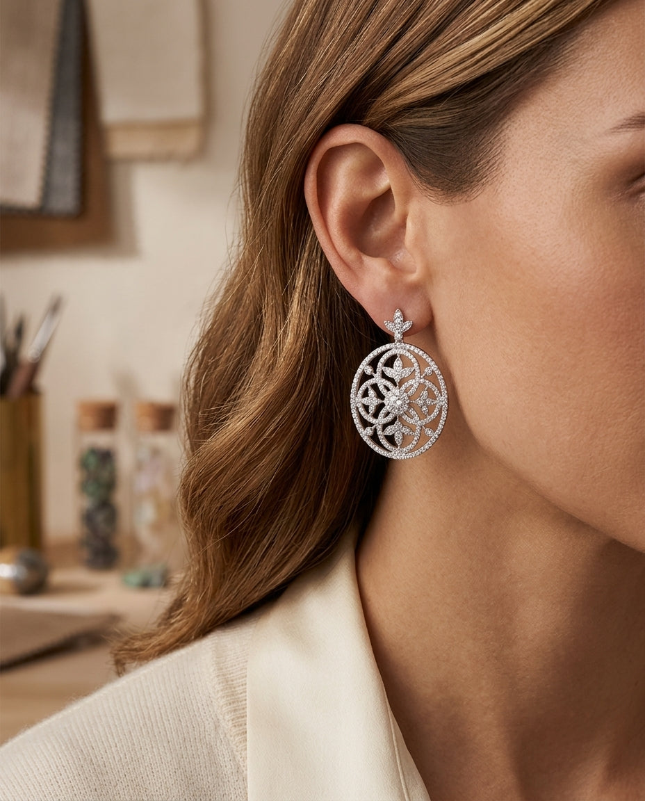 Diamond Edwardian Earrings In 14k White Gold — editorial close-up