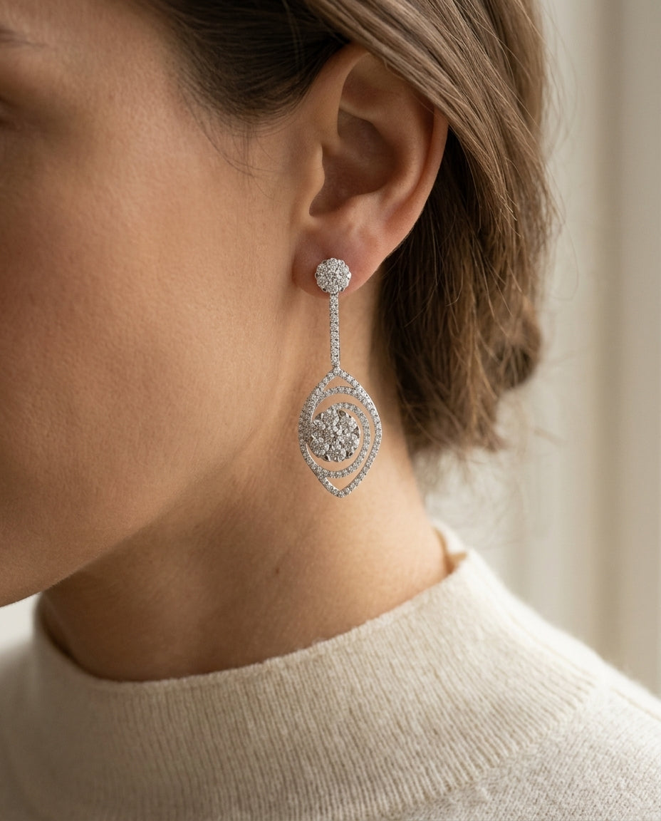Diamond Marquise Swirl Dangle Earr In 14k White Gold — editorial close-up