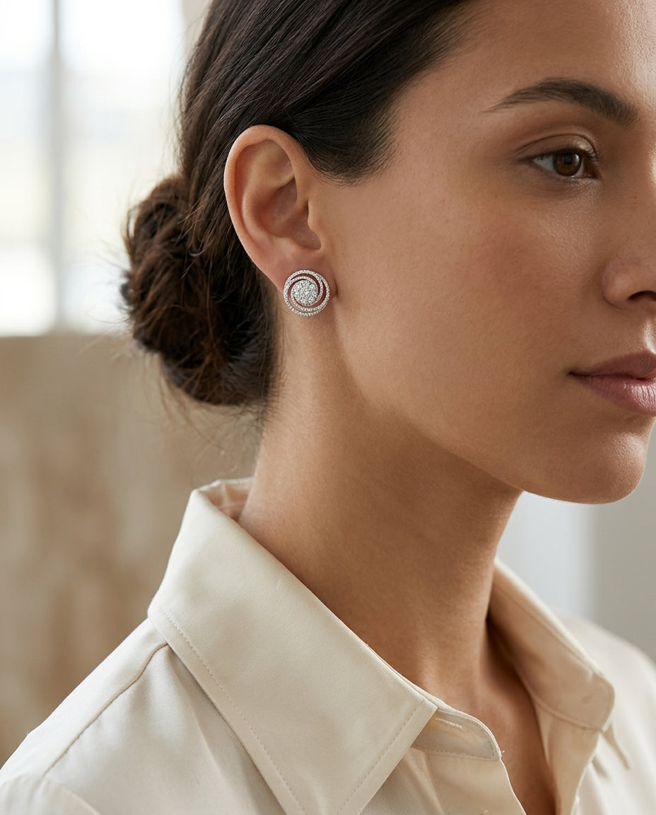 Diamond Circle Swirl Earring In 14k White Gold — editorial close-up