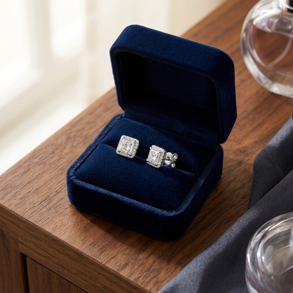 Diamond Princess Cut Halo Stud Earrings In 14k White Gold (1.45ctw) — velvet box